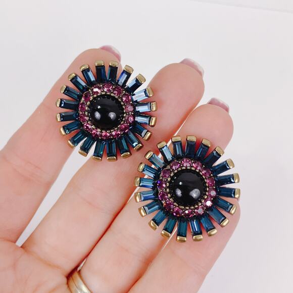 VTG Signed Heidi Daus Onyx Rhinestone Gold Tone Art Deco Revival Clip Earrings - Picture 2 of 10